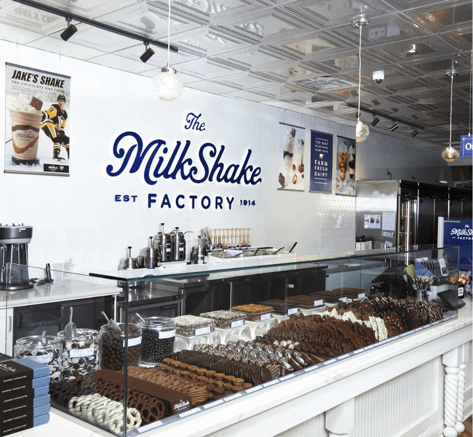 chocolate on display inside of milkshake factory store